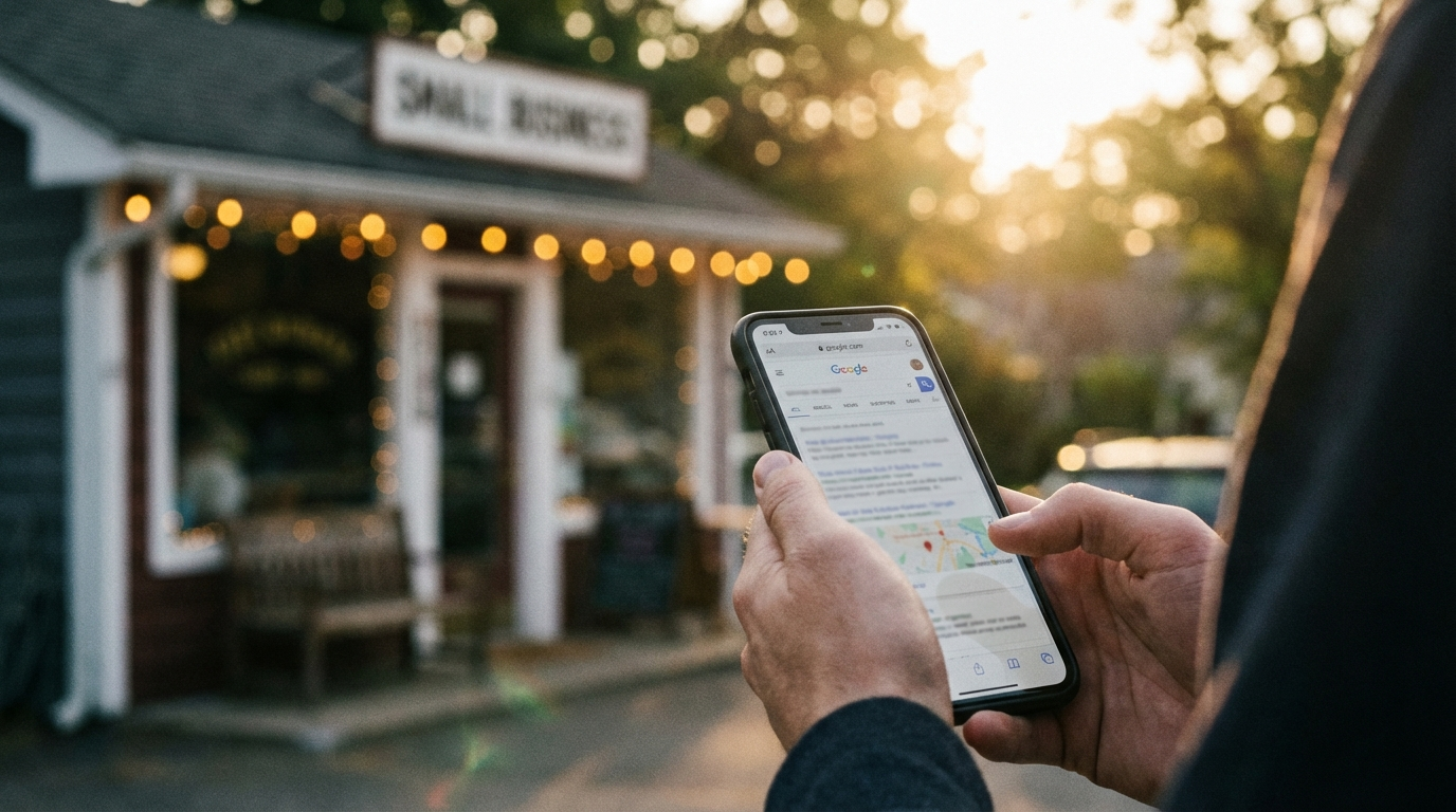Person holding smartphone showing Google search results in front of small business storefront