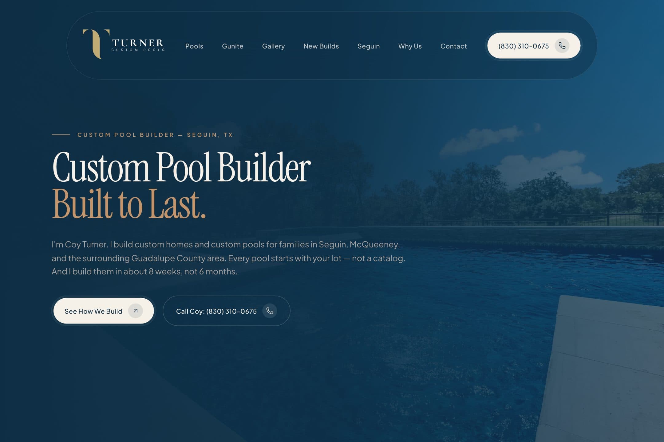 Turner Custom Pools homepage — designed and built by RJ Digital
