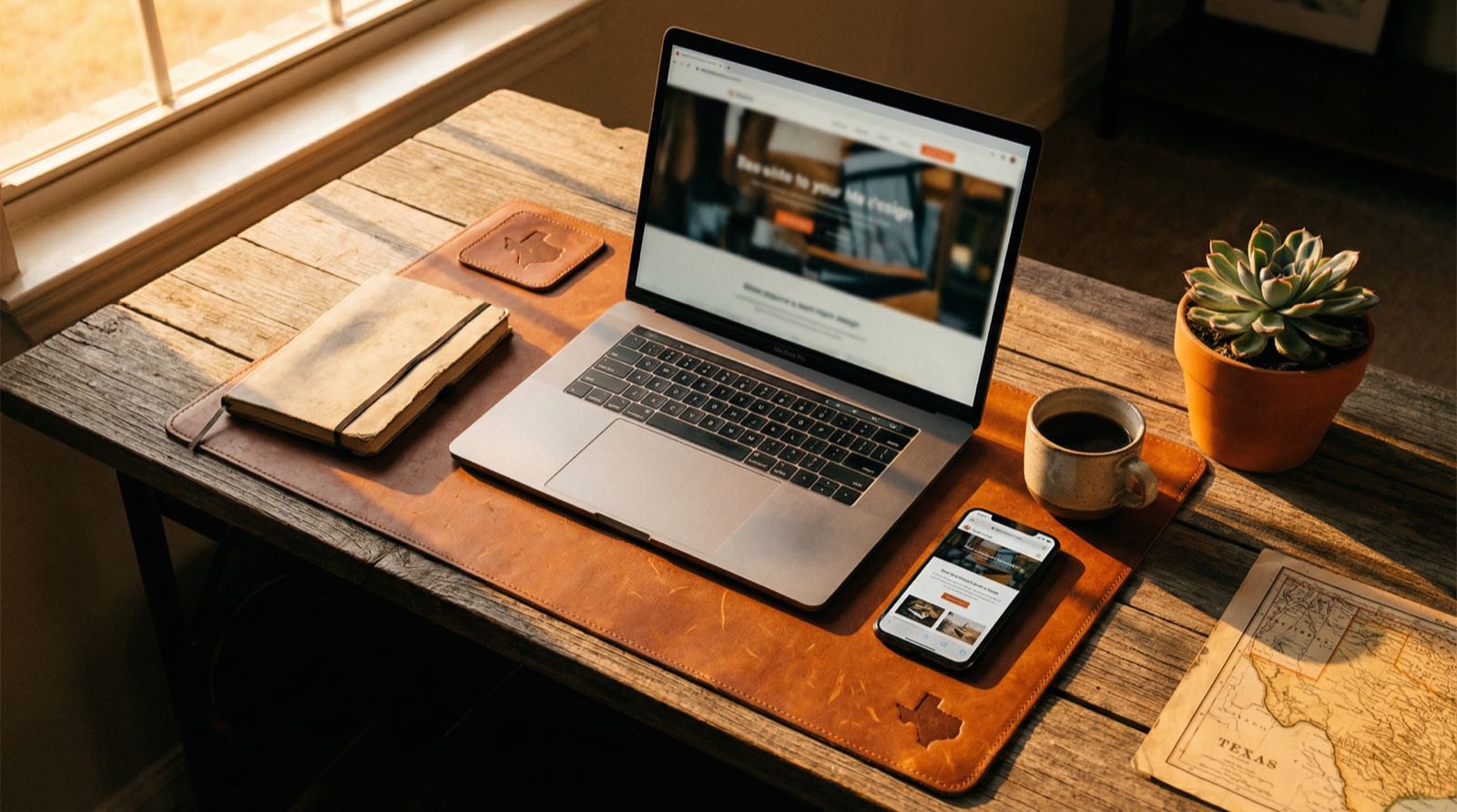 Designer workspace with website on screen