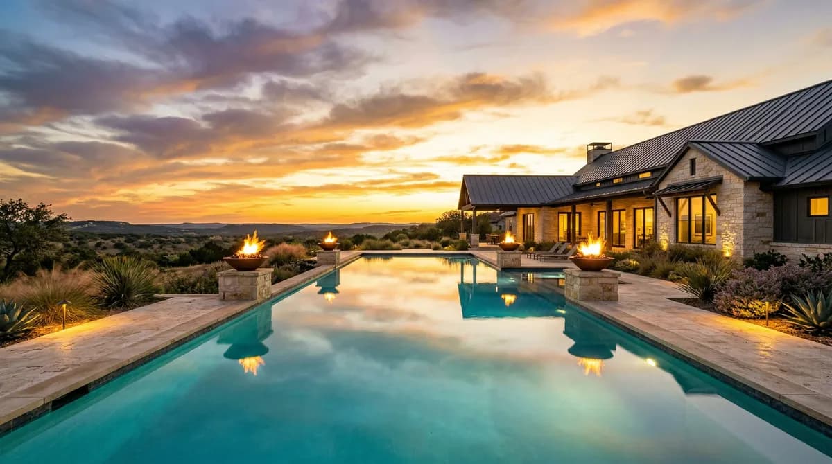 Finished gunite pool with fire bowls at sunset in the Texas hill country